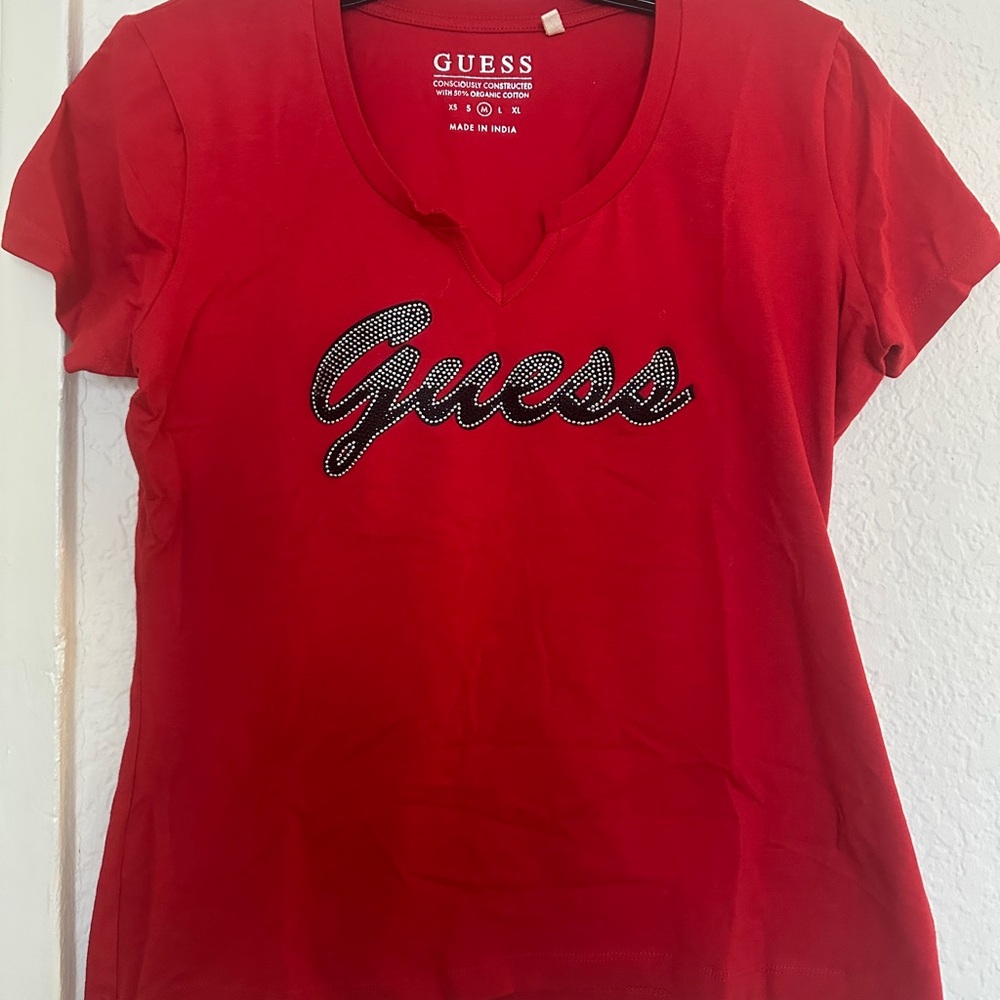 GUESS Red Short Sleeve Logo Tee with Embellished Script